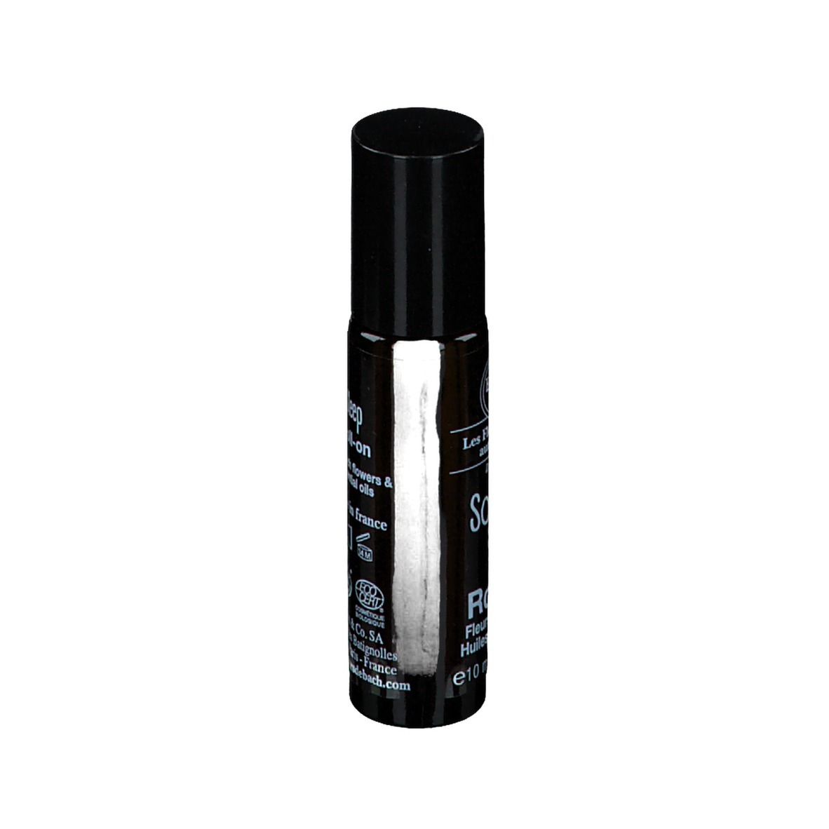 Schwarze Flasche mit Roll-on-Applikator. Beschriftung: Elixirs & Co, Sommeil Sleep, Roll-on. 10 ml.