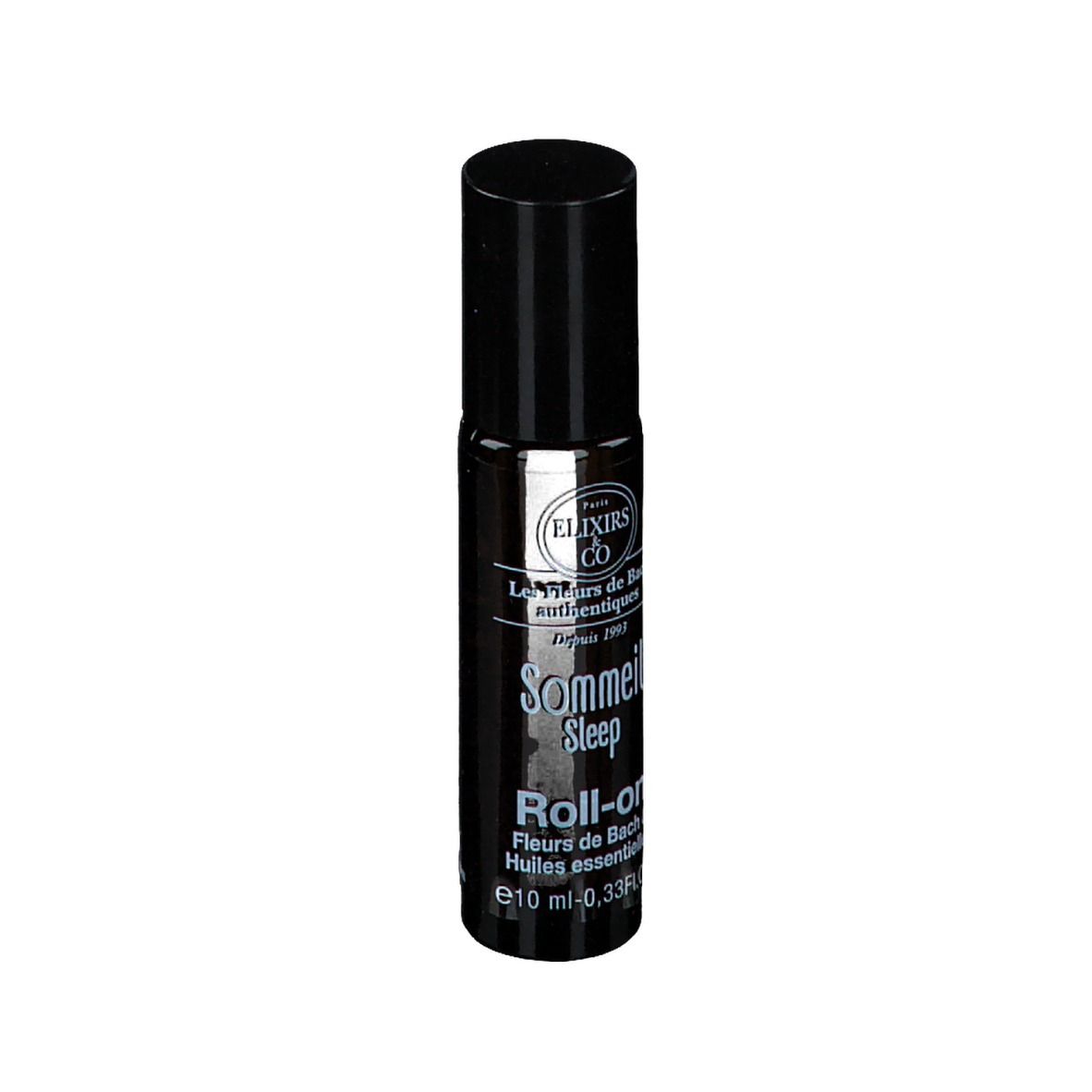 Schwarze Flasche mit Roll-on-Applikator. Beschriftung: Elixirs & Co, Sommeil Sleep, Roll-on. 10 ml.