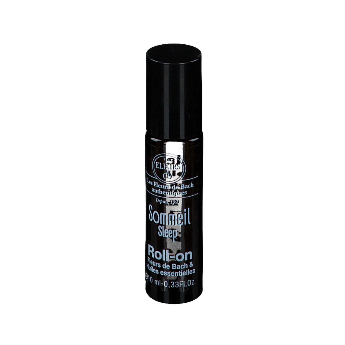 Schwarze Flasche mit Roll-on-Applikator. Beschriftung: Elixirs & Co, Sommeil Sleep, Roll-on. 10 ml.