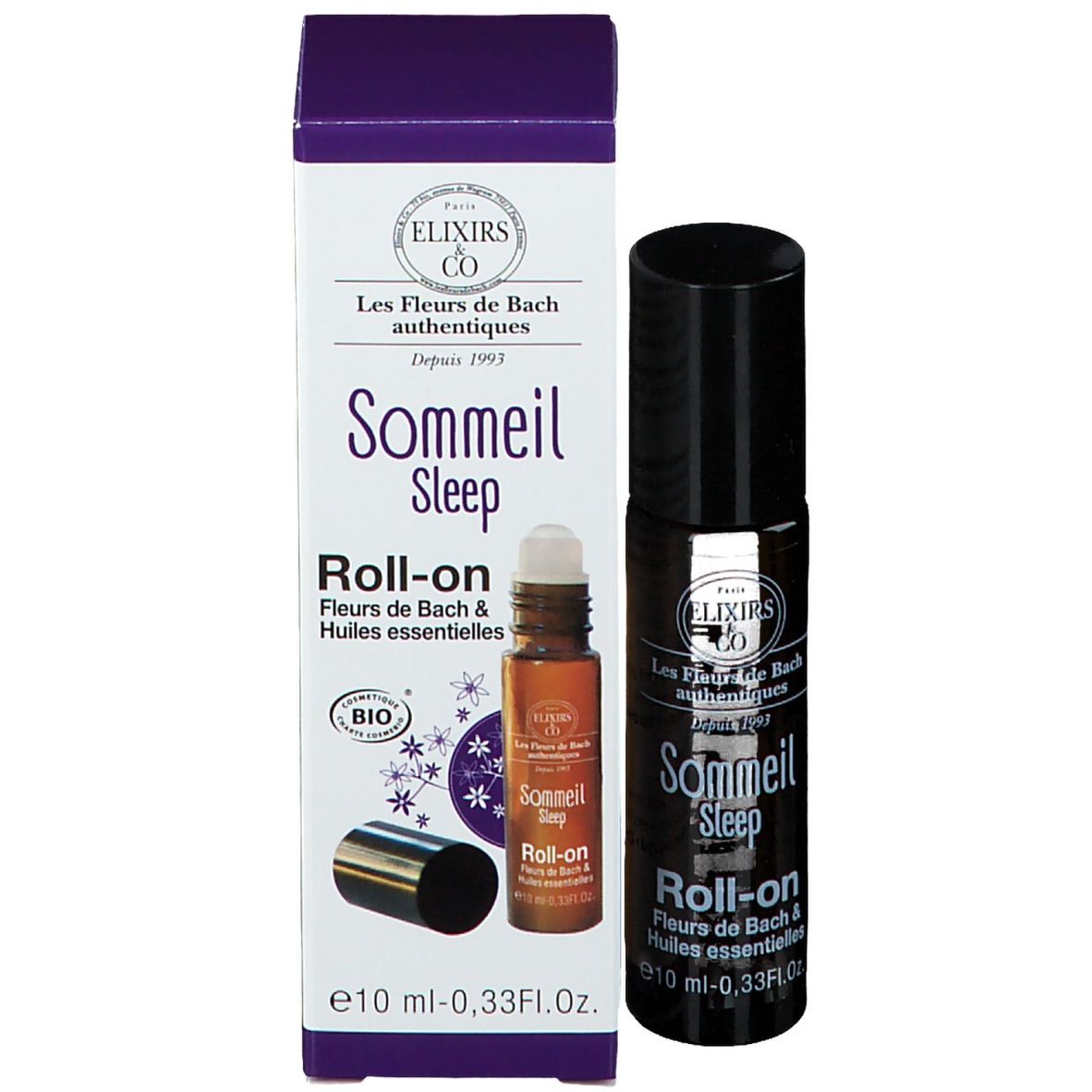 Produktverpackung mit Roll-on-Flasche und Karton. Beschriftung: Elixirs & Co, Sommeil Sleep, Roll-on. 10 ml.