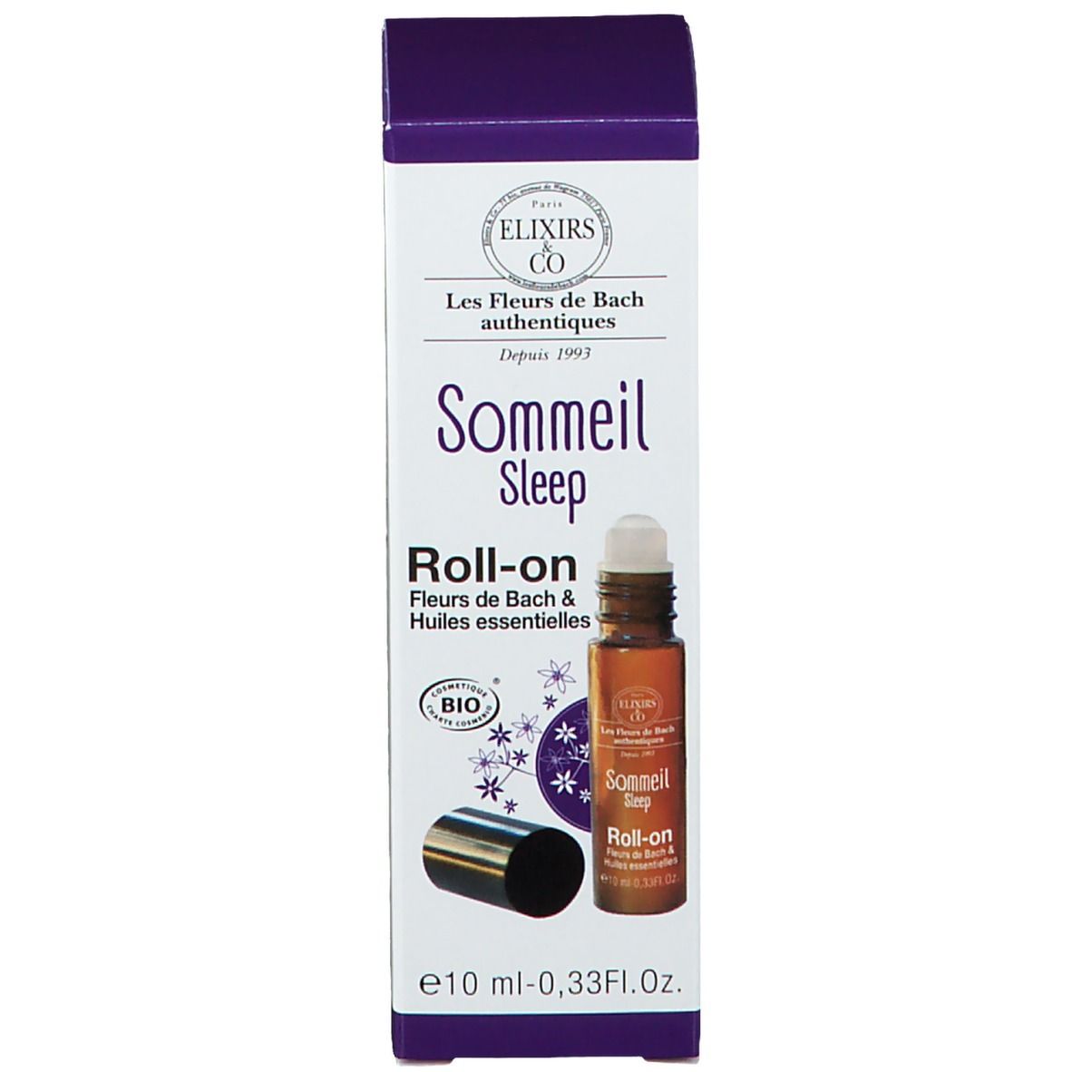 Produktverpackung mit Roll-on-Flasche und Karton. Beschriftung: Elixirs & Co, Sommeil Sleep, Roll-on. 10 ml.