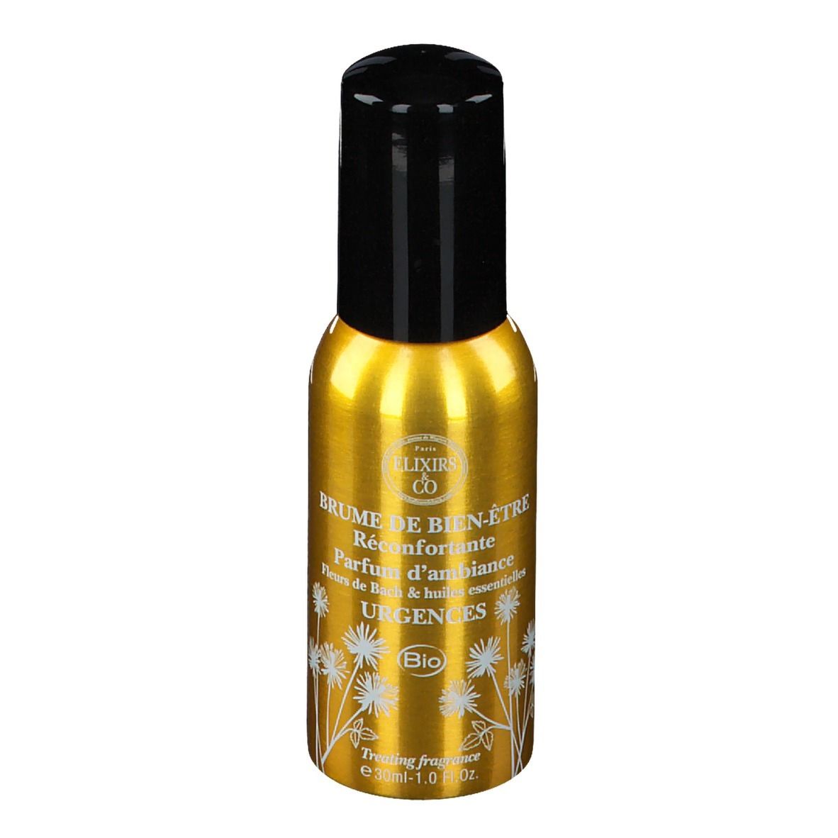 Goldfarbene Sprühflasche mit schwarzem Deckel. Aufschrift: Brume de Bien-Être Urgences. Bio-Zertifizierung.