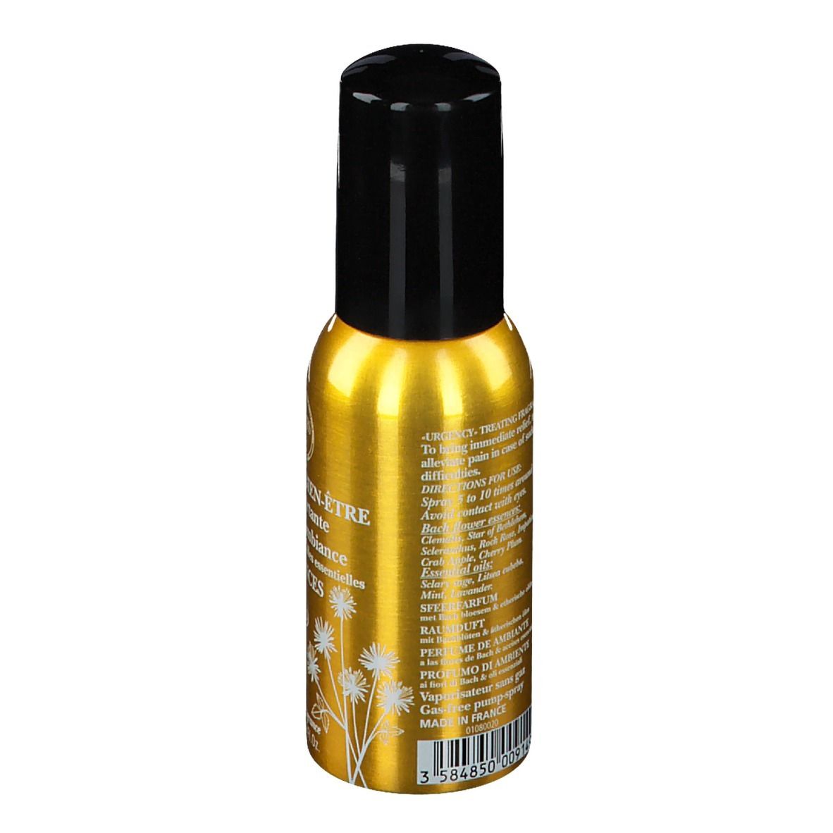 Goldfarbene Sprühflasche mit schwarzem Deckel. Aufschrift: Brume de Bien-Être Urgences. Bio-Zertifizierung.