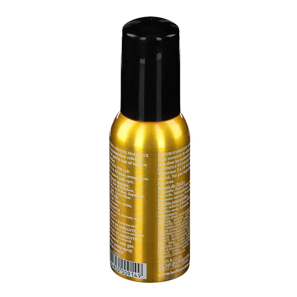 Goldfarbene Sprühflasche mit schwarzem Deckel. Aufschrift: Brume de Bien-Être Urgences. Bio-Zertifizierung.