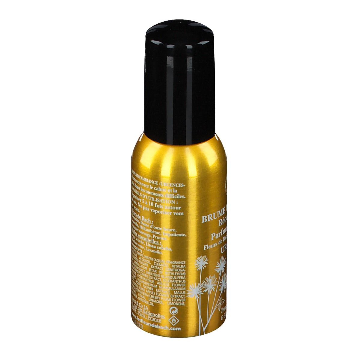 Goldfarbene Sprühflasche mit schwarzem Deckel. Aufschrift: Brume de Bien-Être Urgences. Bio-Zertifizierung.