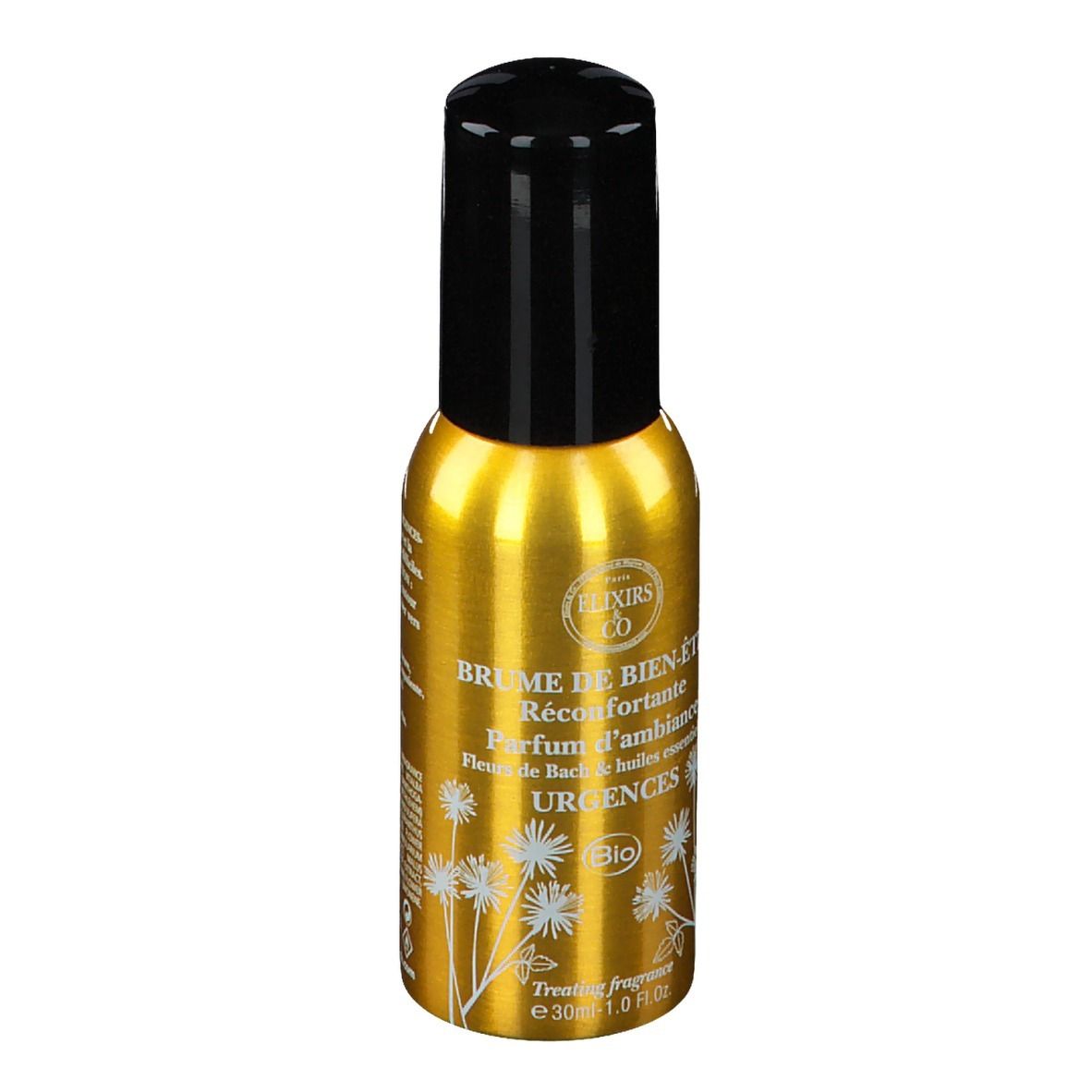 Goldfarbene Sprühflasche mit schwarzem Deckel. Aufschrift: Brume de Bien-Être Urgences. Bio-Zertifizierung.