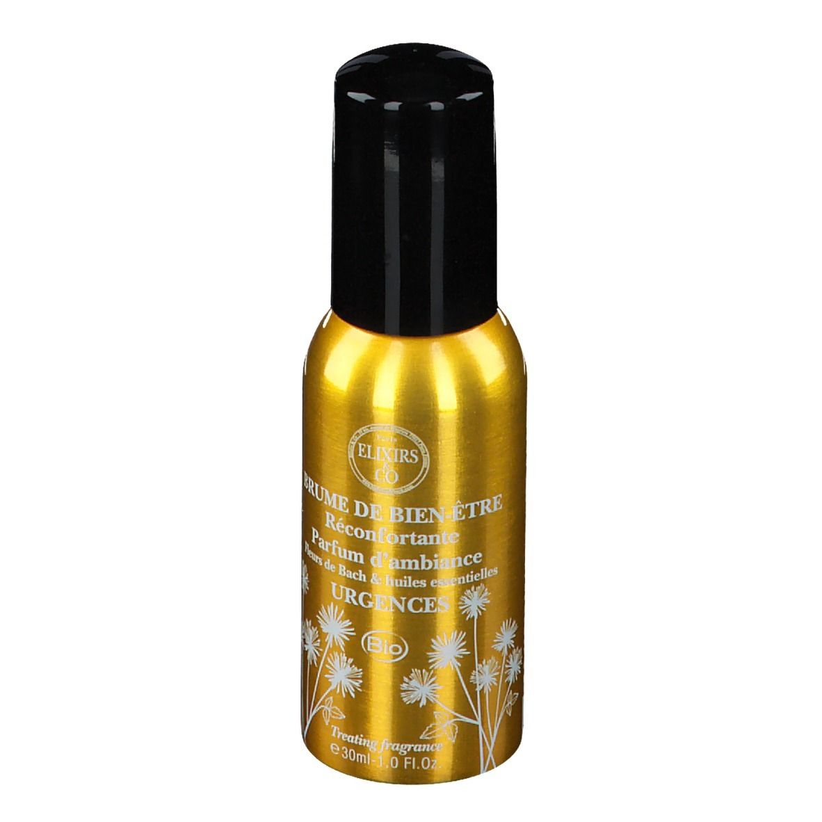 Goldfarbene Sprühflasche mit schwarzem Deckel. Aufschrift: Brume de Bien-Être Urgences. Bio-Zertifizierung.