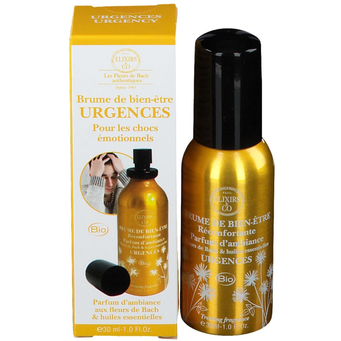 Goldfarbene Sprühflasche und gelbe Verpackung. Aufschrift: Brume de Bien-Être Urgences. Bio-Zertifizierung. Bild einer Person.