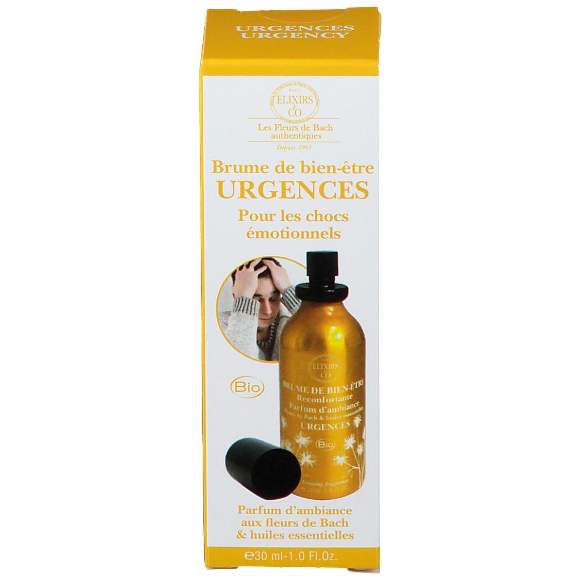 Gelbe Verpackung mit Sprühflasche. Aufschrift: Brume de Bien-Être Urgences. Bio-Zertifizierung. Bild einer Person.