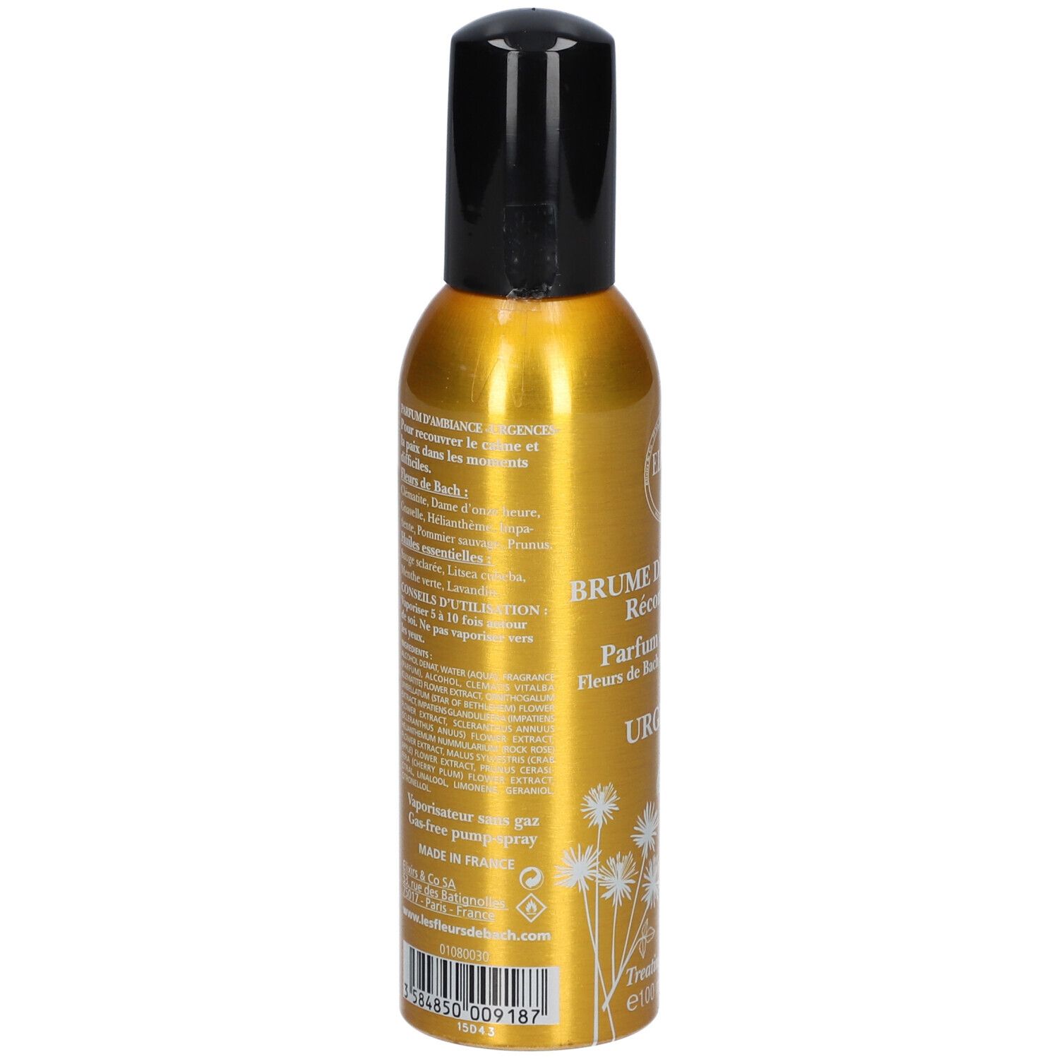 Goldfarbene Sprühflasche mit schwarzem Deckel. Aufschrift: Urgences Bio.