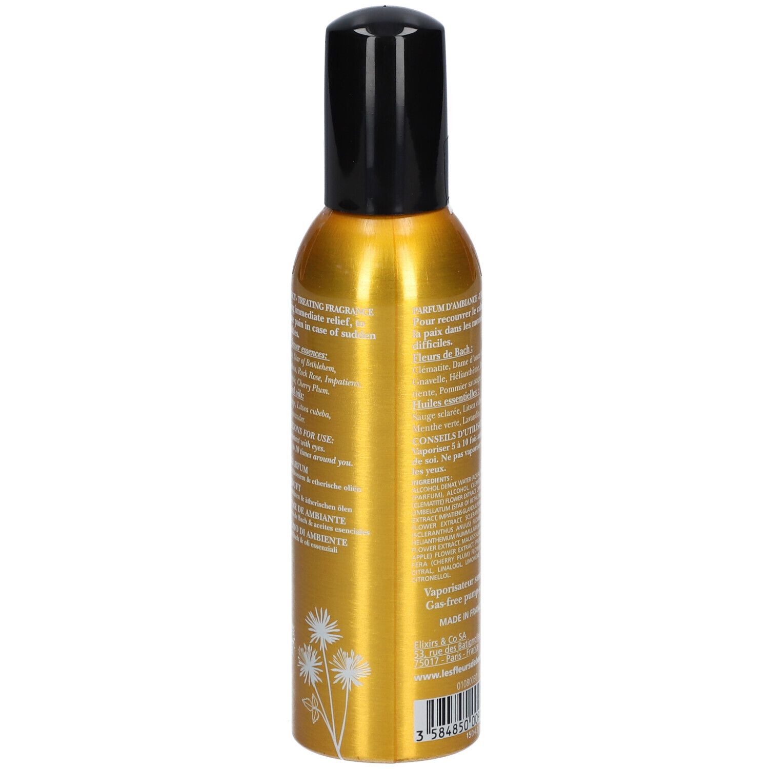 Goldfarbene Sprühflasche mit schwarzem Deckel. Aufschrift: Urgences Bio.