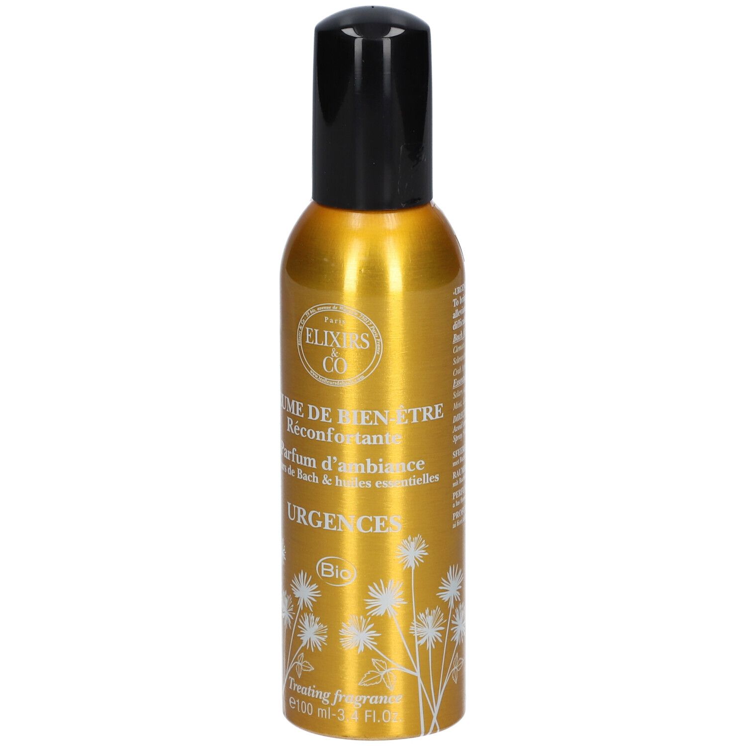 Goldfarbene Sprühflasche mit schwarzem Deckel. Aufschrift: Urgences Bio.