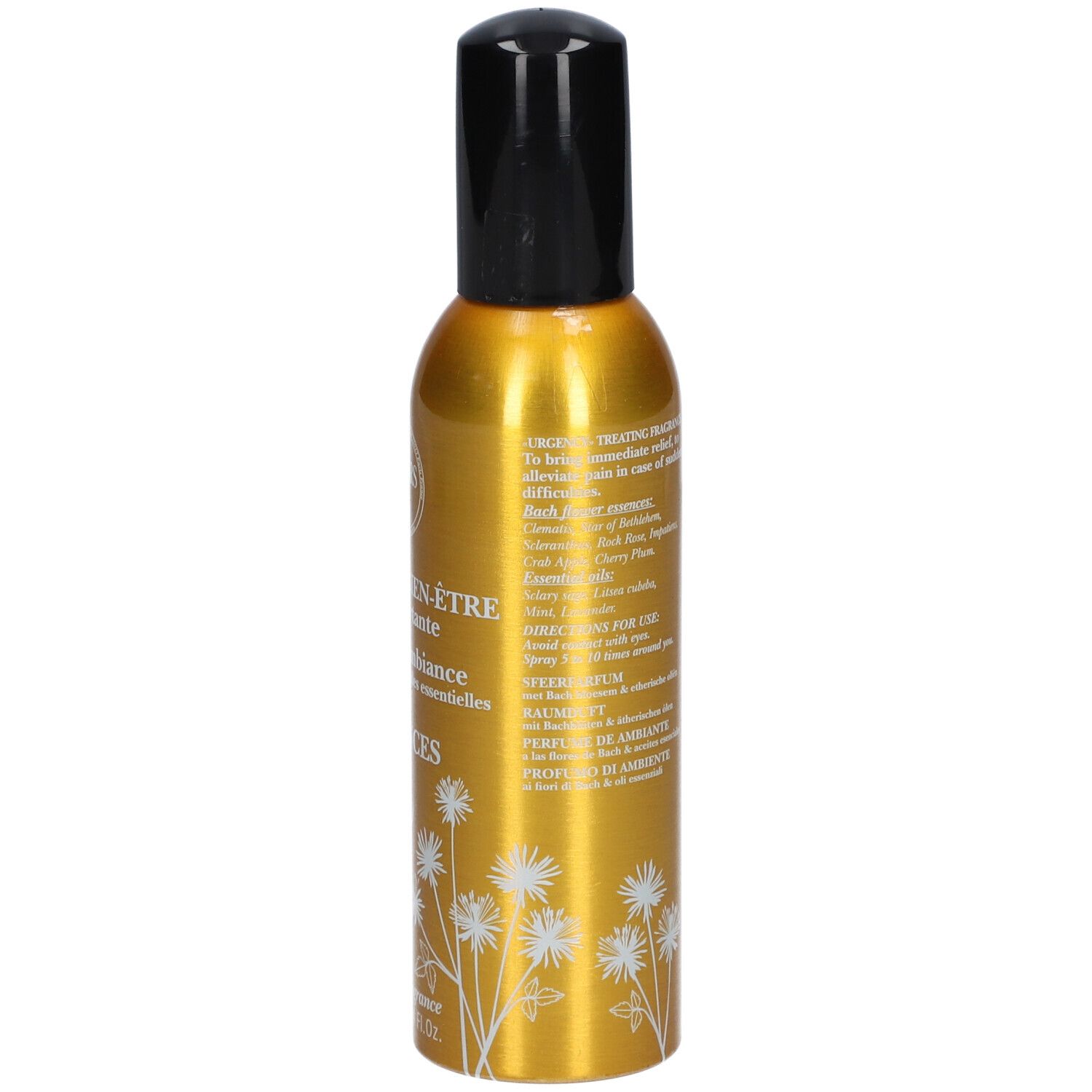 Goldfarbene Sprühflasche mit schwarzem Deckel. Aufschrift: Urgences Bio.