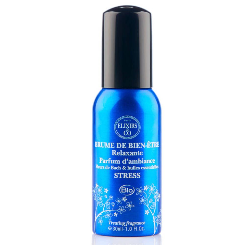 Flacon spray bleu avec bouchon noir. Inscription : Brume de Bien-Être Relaxante, Stress, certification Bio.