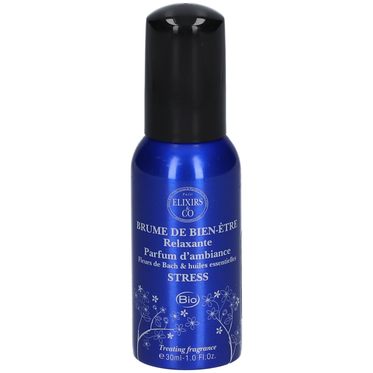 Flacon spray bleu avec bouchon noir. Inscription : Brume de Bien-Être Relaxante, Stress, certification Bio.