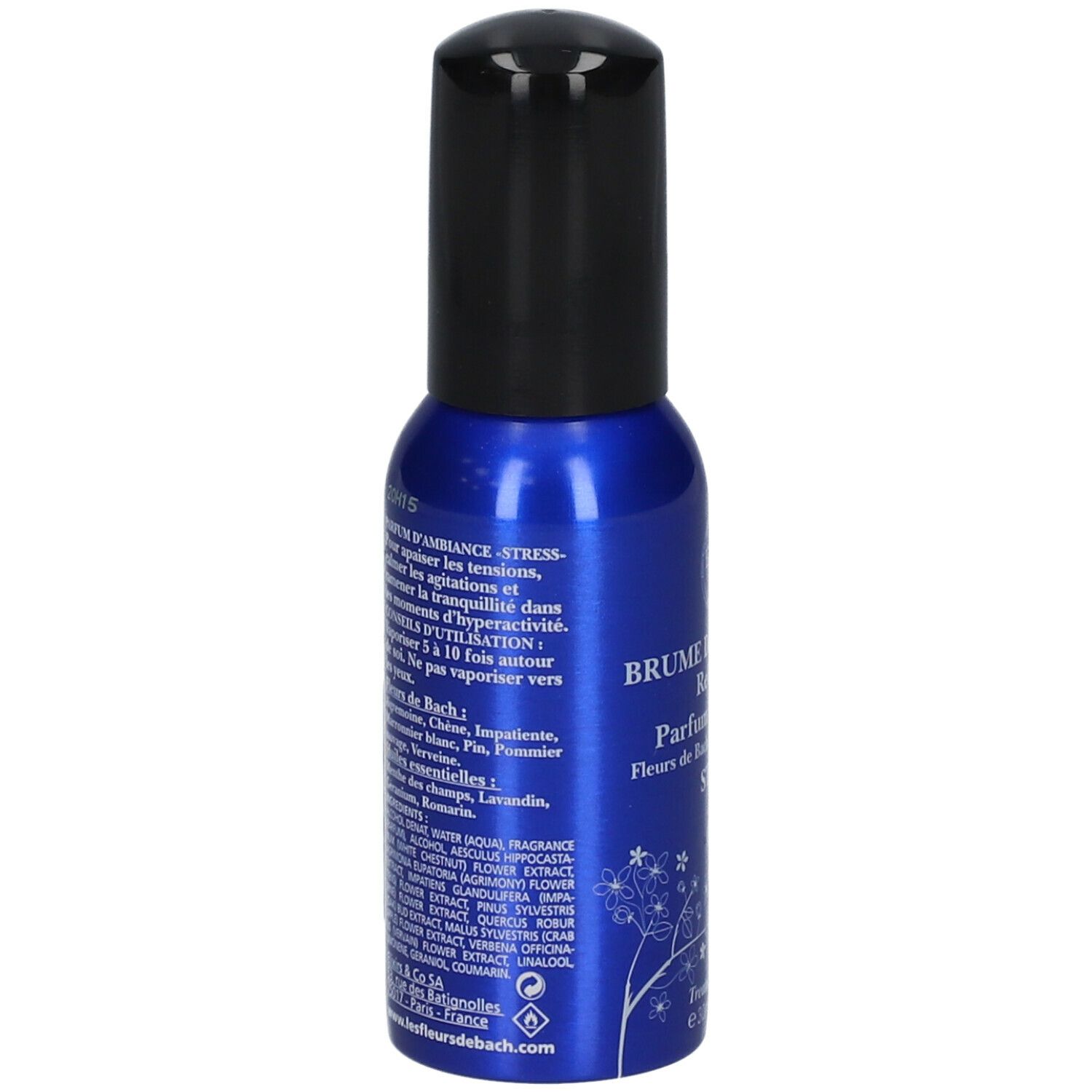 Flacon spray bleu avec bouchon noir. Inscription : Brume de Bien-Être Relaxante, Stress, certification Bio.