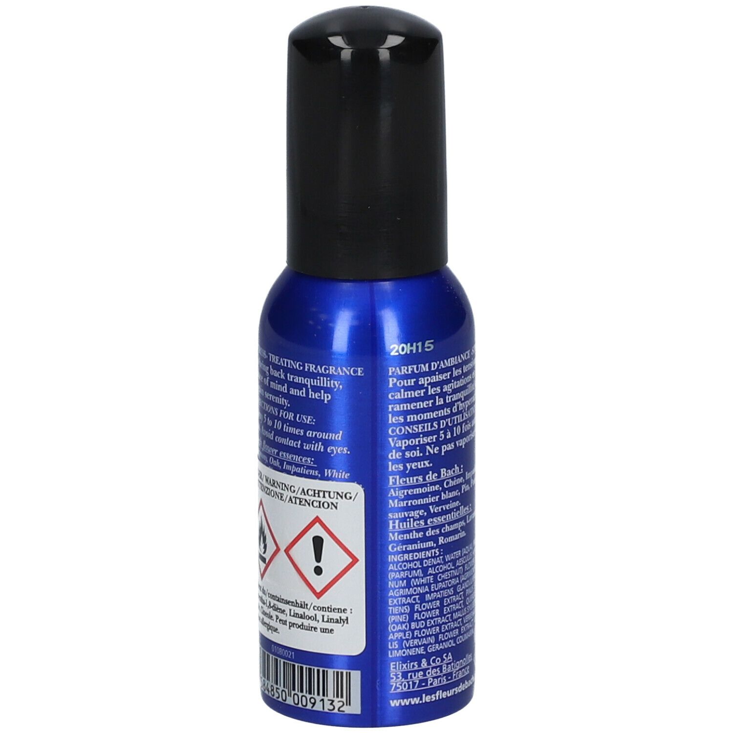 Flacon spray bleu avec bouchon noir. Inscription : Brume de Bien-Être Relaxante, Stress, certification Bio.