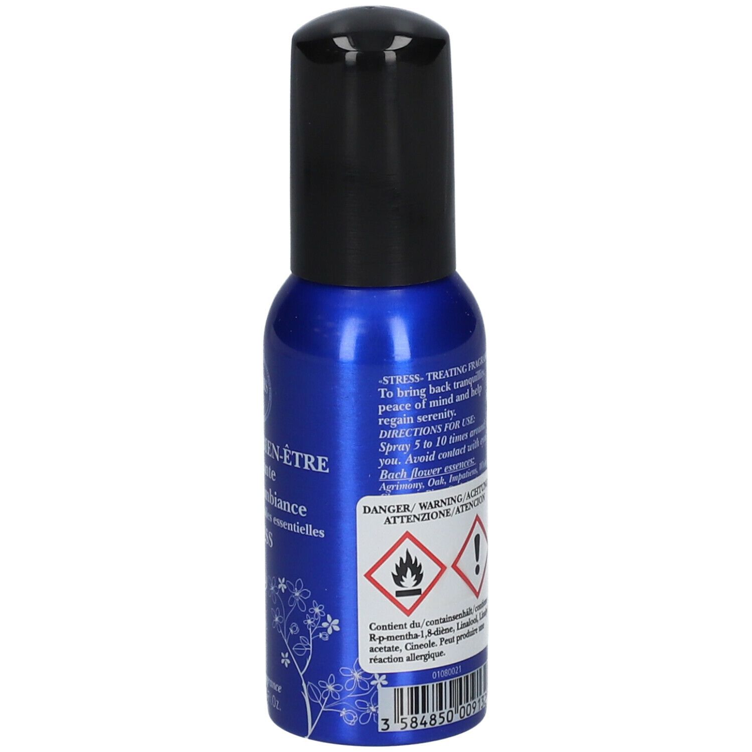 Flacon spray bleu avec bouchon noir. Inscription : Brume de Bien-Être Relaxante, Stress, certification Bio.