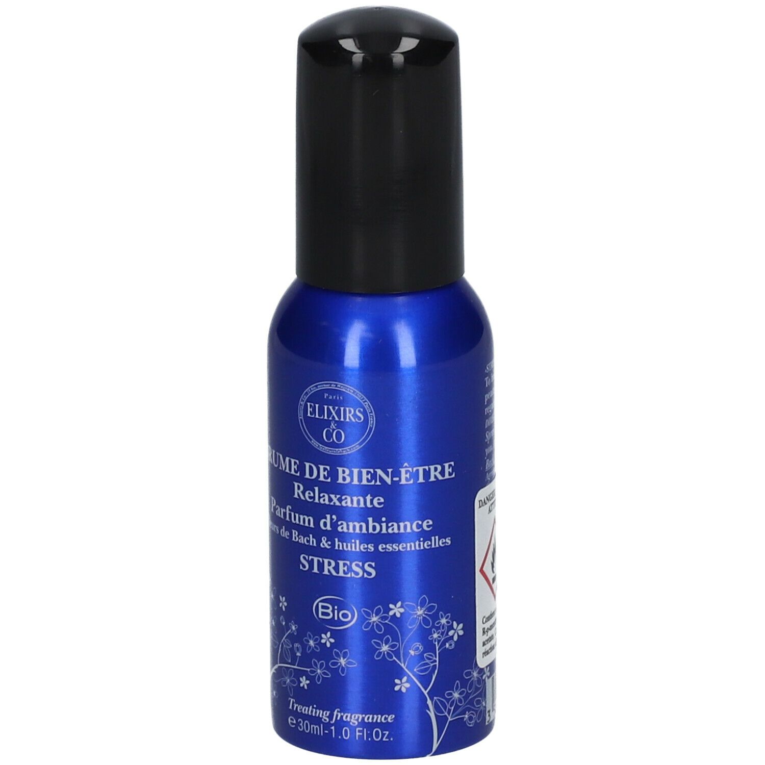 Flacon spray bleu avec bouchon noir. Inscription : Brume de Bien-Être Relaxante, Stress, certification Bio.