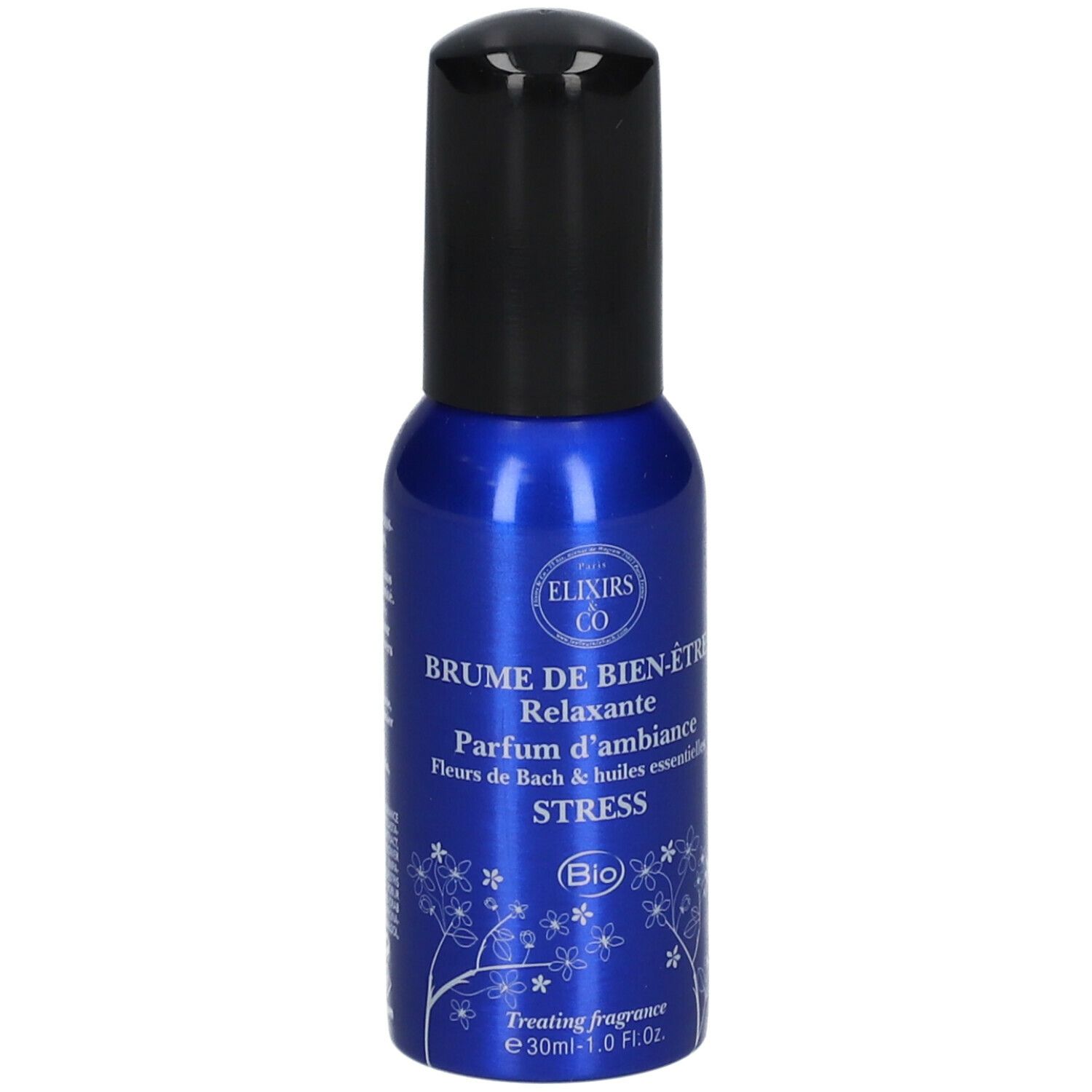 Flacon spray bleu avec bouchon noir. Inscription : Brume de Bien-Être Relaxante, Stress, certification Bio.