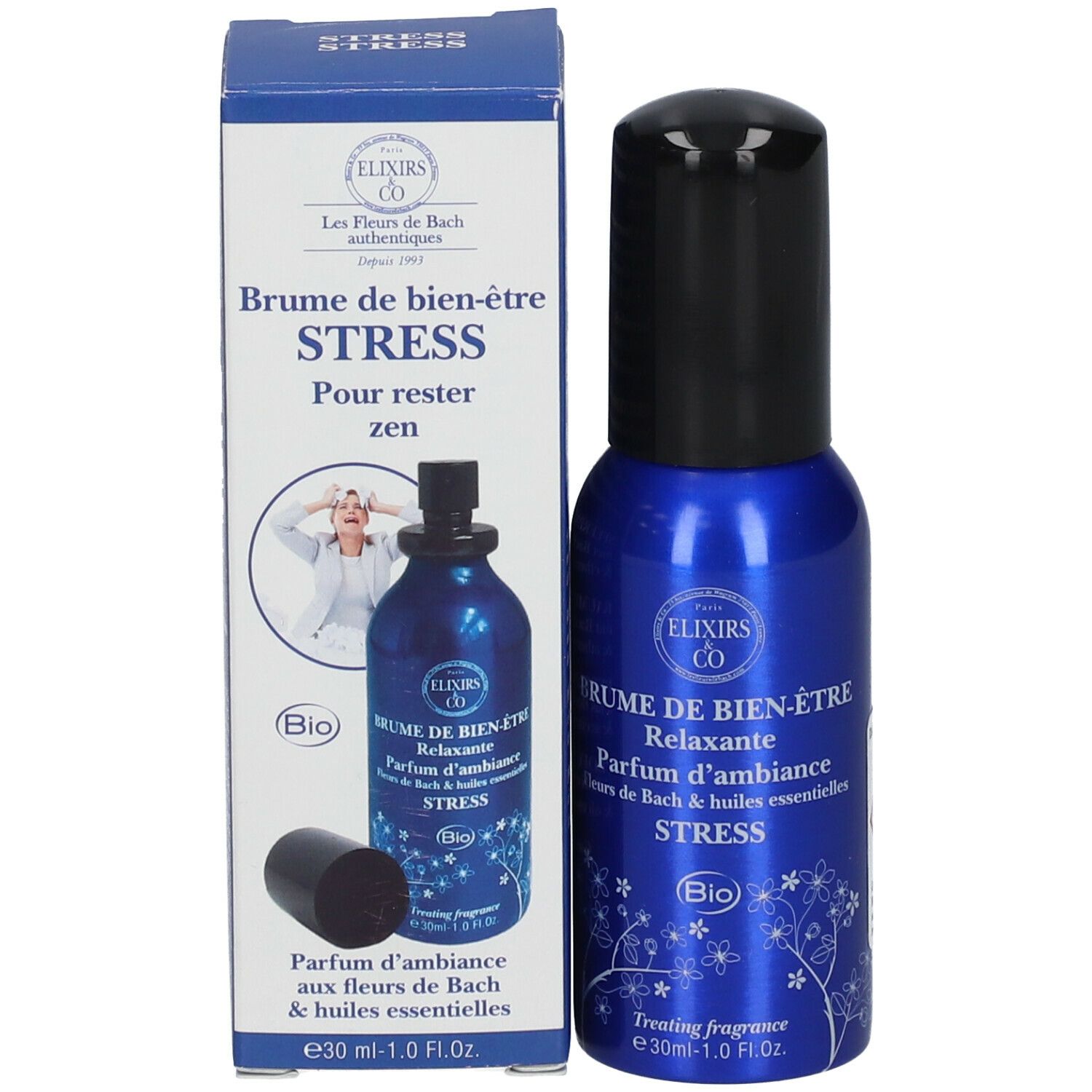 Flacon spray bleu avec bouchon noir et emballage. Inscription : Brume de Bien-Être Stress, Bio.