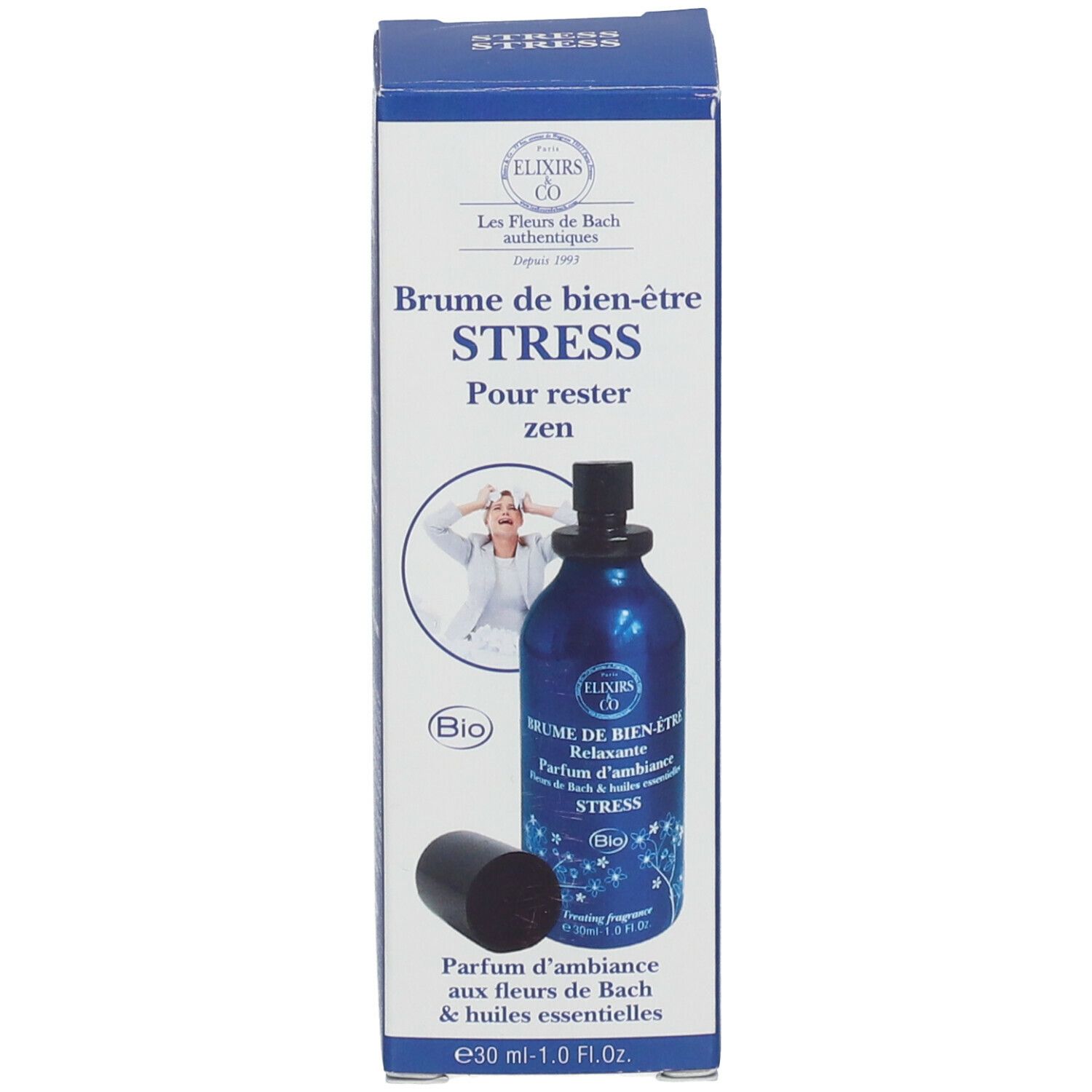 Flacon spray bleu avec bouchon noir et emballage. Inscription : Brume de Bien-Être Stress, Bio.