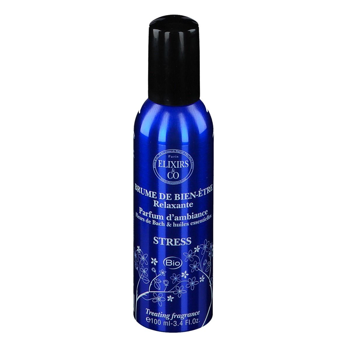 Flacon bleu avec bouchon noir. Texte: Elixirs & Co, Brume de Bien-Être, Stress, Bio. Décor floral.