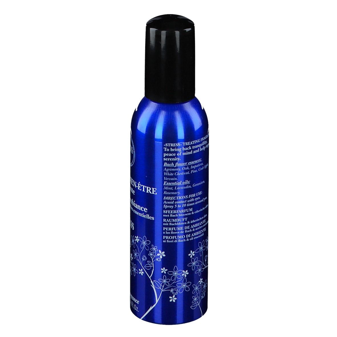 Flacon bleu avec bouchon noir. Texte: Elixirs & Co, Brume de Bien-Être, Stress, Bio. Décor floral.