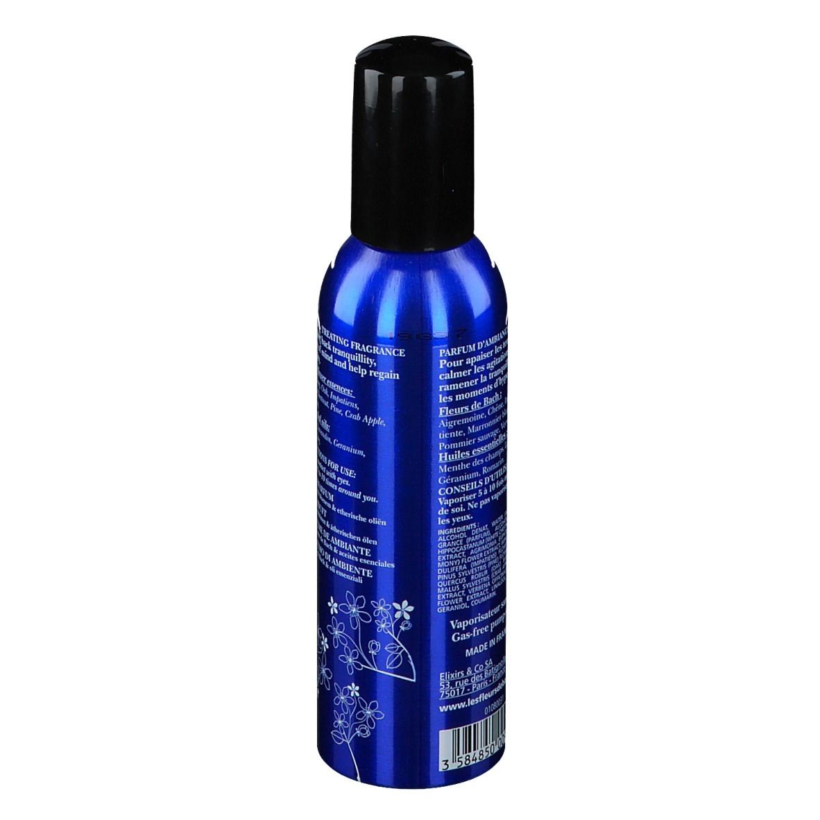 Flacon bleu avec bouchon noir. Texte: Elixirs & Co, Brume de Bien-Être, Stress, Bio. Décor floral.