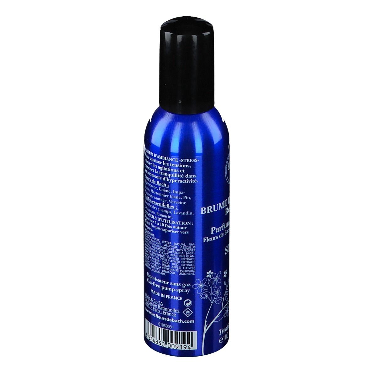 Flacon bleu avec bouchon noir. Texte: Elixirs & Co, Brume de Bien-Être, Stress, Bio. Décor floral.