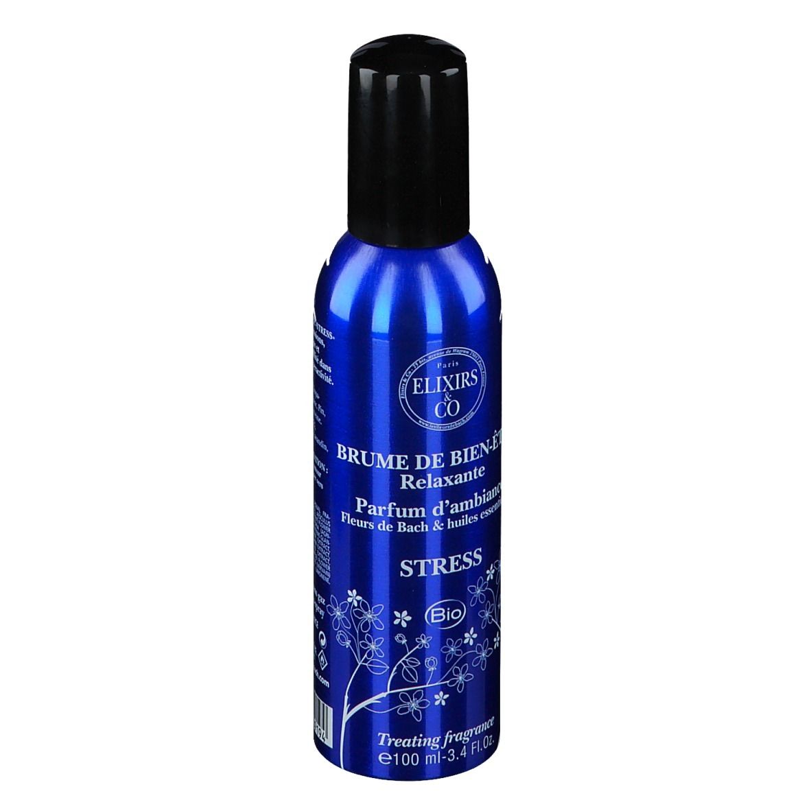 Flacon bleu avec bouchon noir. Texte: Elixirs & Co, Brume de Bien-Être, Stress, Bio. Décor floral.
