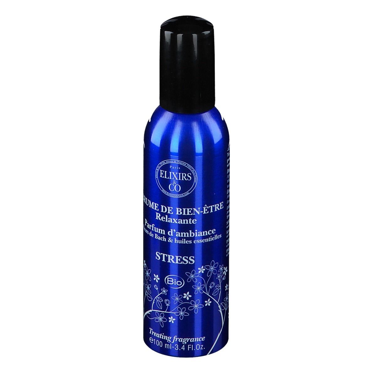 Flacon bleu avec bouchon noir. Texte: Elixirs & Co, Brume de Bien-Être, Stress, Bio. Décor floral.