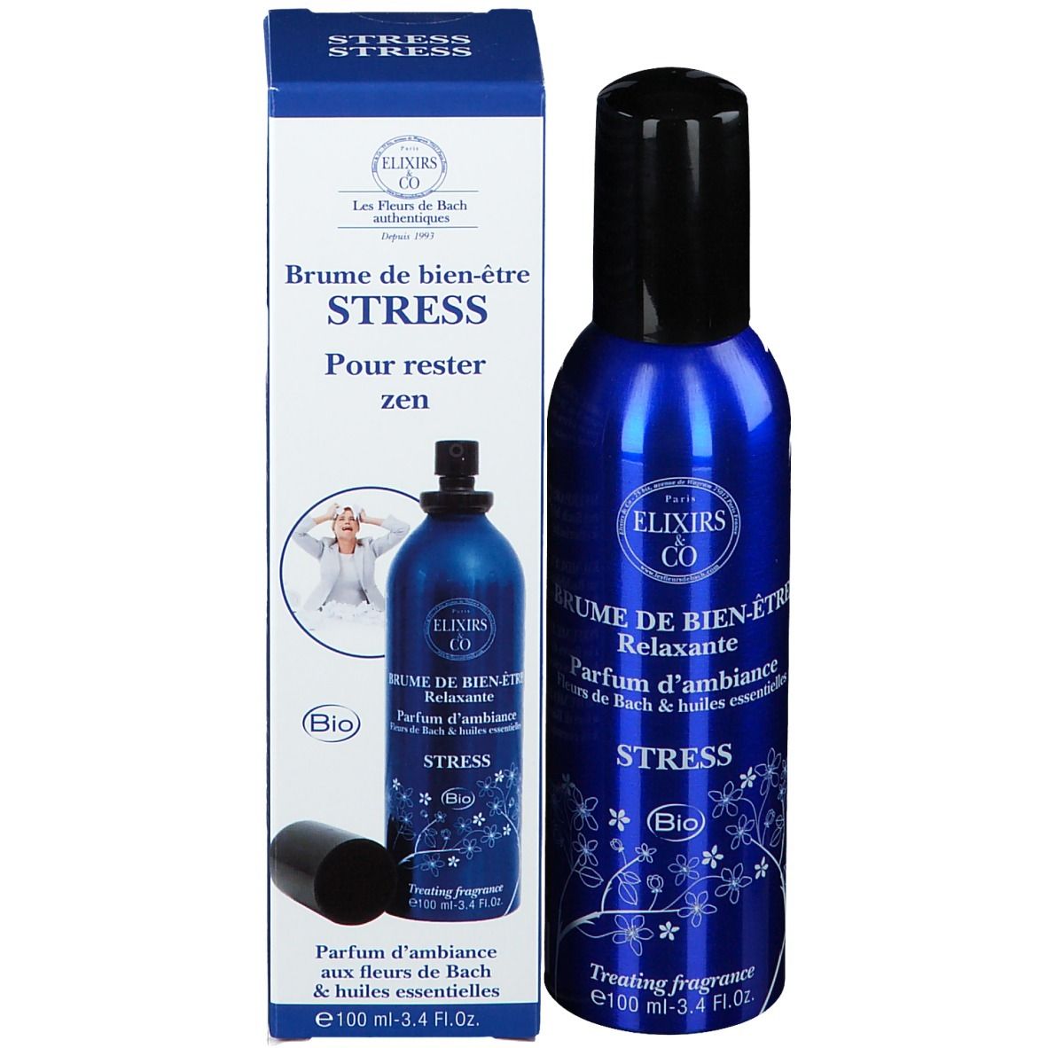 Emballage produit: flacon et boîte. Flacon bleu avec bouchon noir. Texte: Elixirs & Co, Stress, Bio.