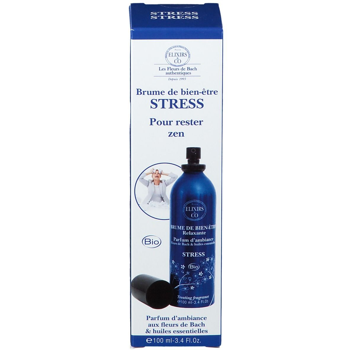 Emballage produit: flacon et boîte. Flacon bleu avec bouchon noir. Texte: Elixirs & Co, Stress, Bio.