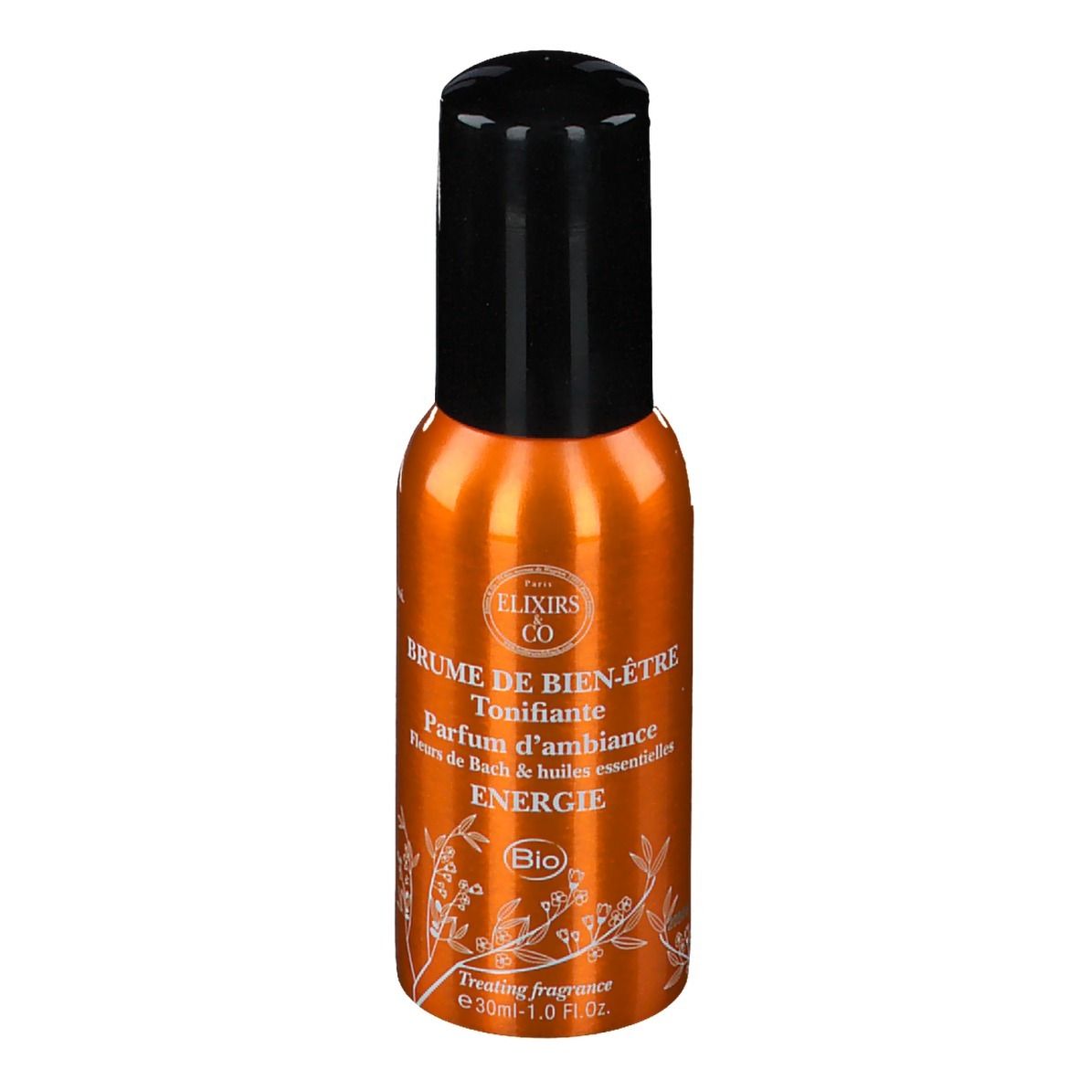 Flacon spray orange avec bouchon noir. Dos avec texte. Nom du produit et ingrédients.