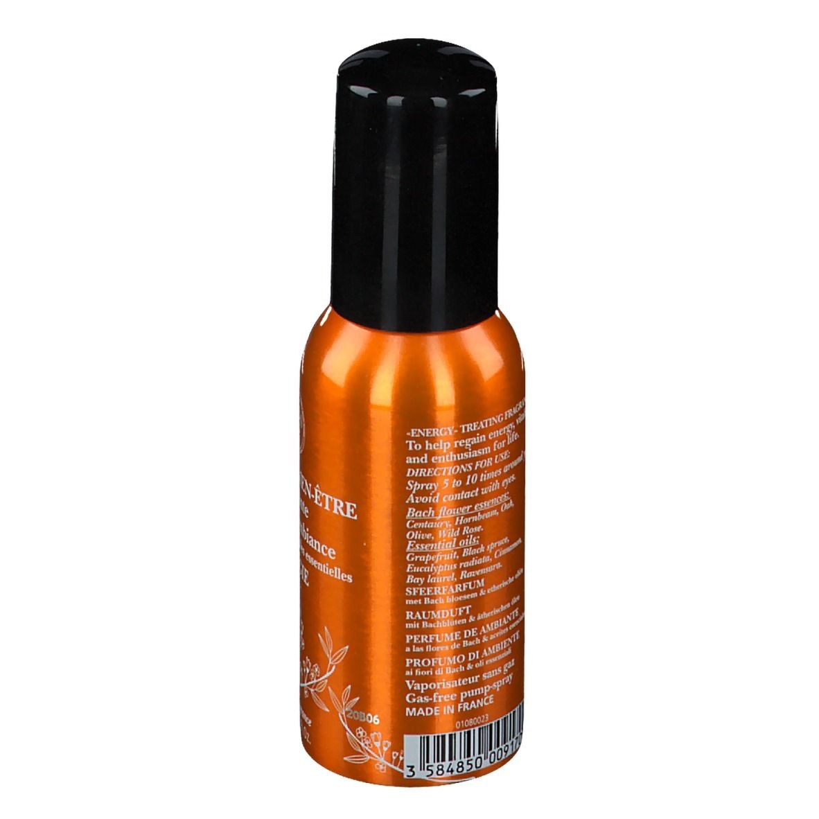 Flacon spray orange avec bouchon noir. Dos avec texte. Nom du produit et ingrédients.