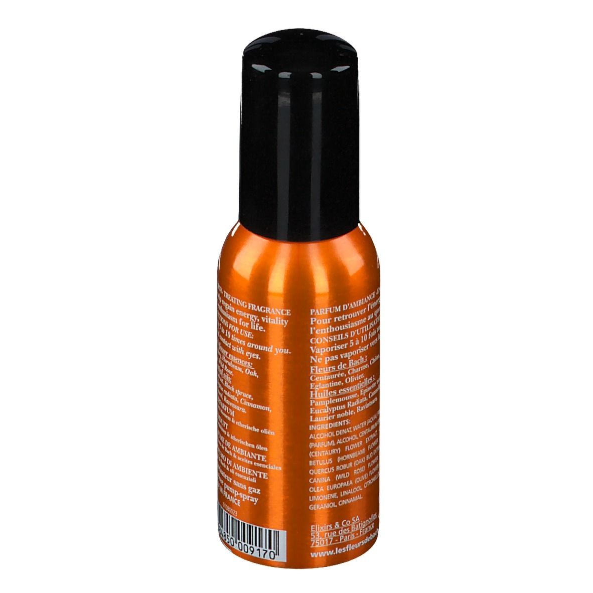 Flacon spray orange avec bouchon noir. Dos avec texte. Nom du produit et ingrédients.