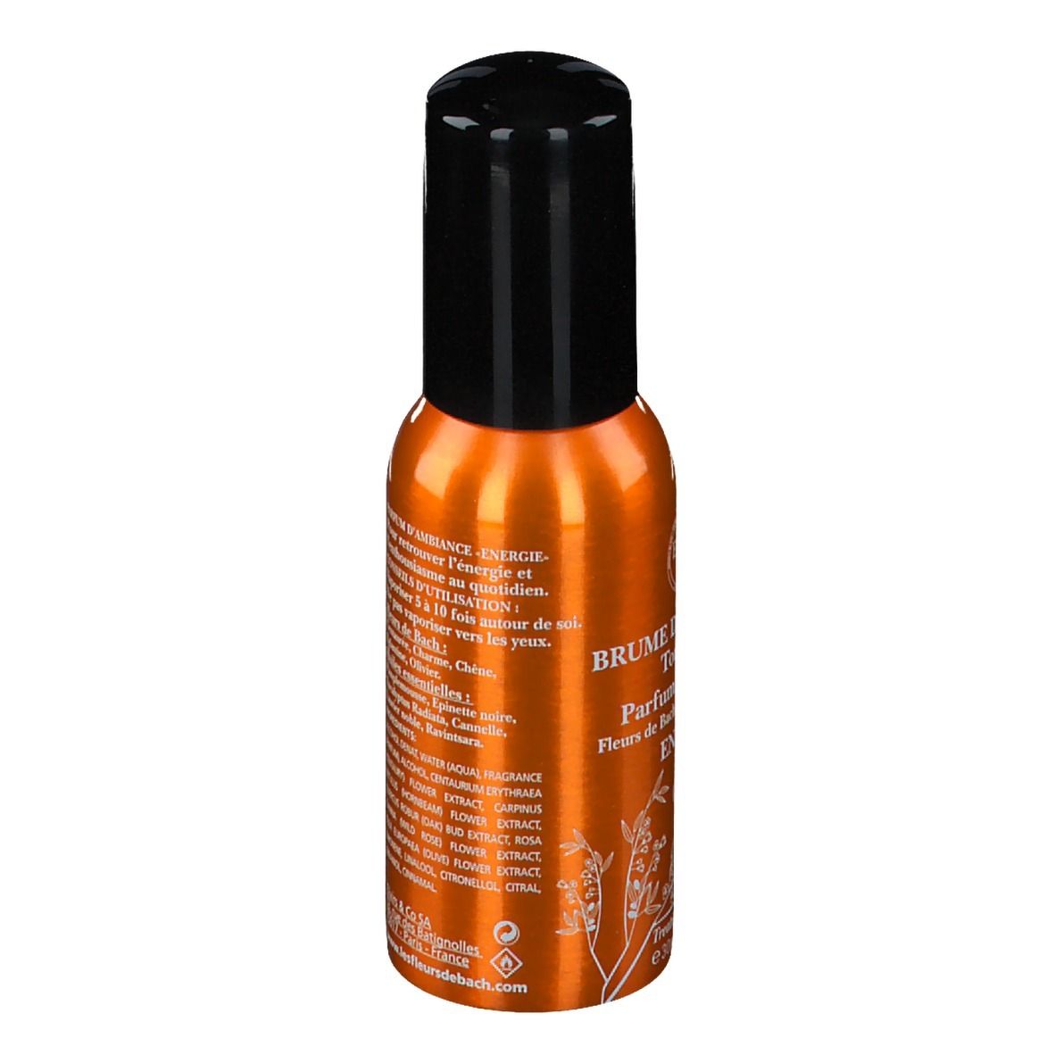 Flacon spray orange avec bouchon noir. Dos avec texte. Nom du produit et ingrédients.