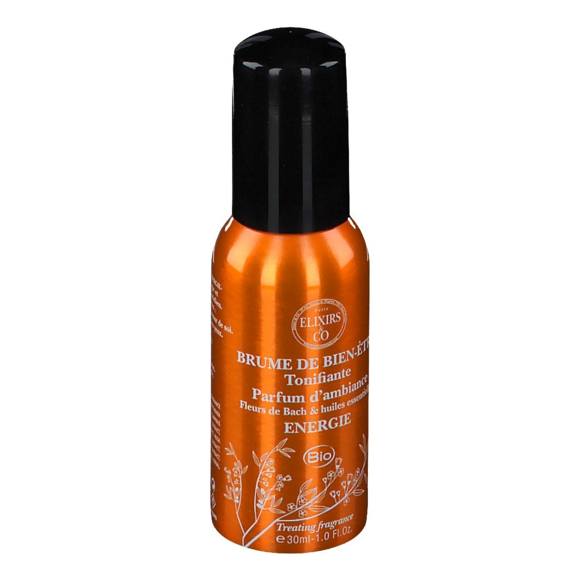 Flacon spray orange avec bouchon noir. Face avec texte. Nom du produit et logo.