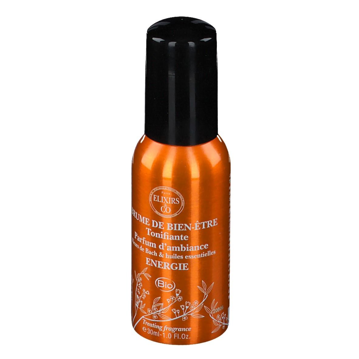 Flacon spray orange avec bouchon noir. Face avec texte. Nom du produit et logo.