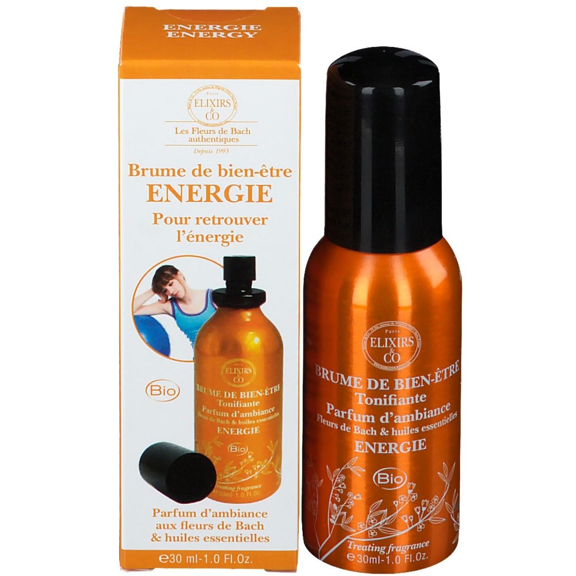 Produit et emballage. Flacon orange avec bouchon noir et carton. Texte et logo.