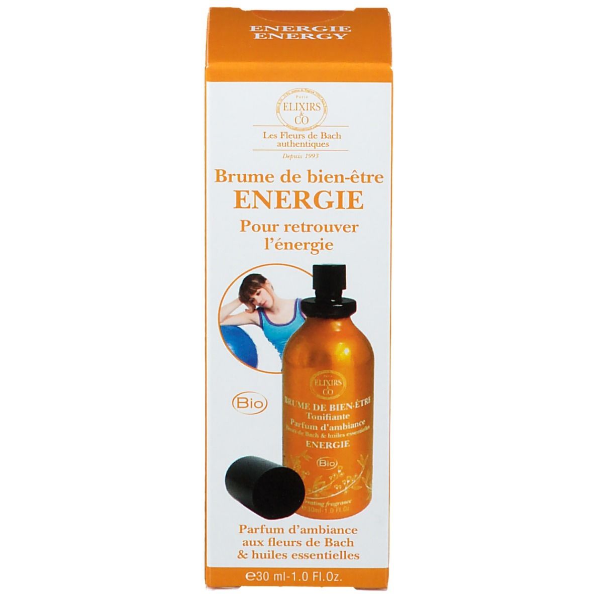 Produit et emballage. Flacon orange avec bouchon noir et carton. Texte et logo.