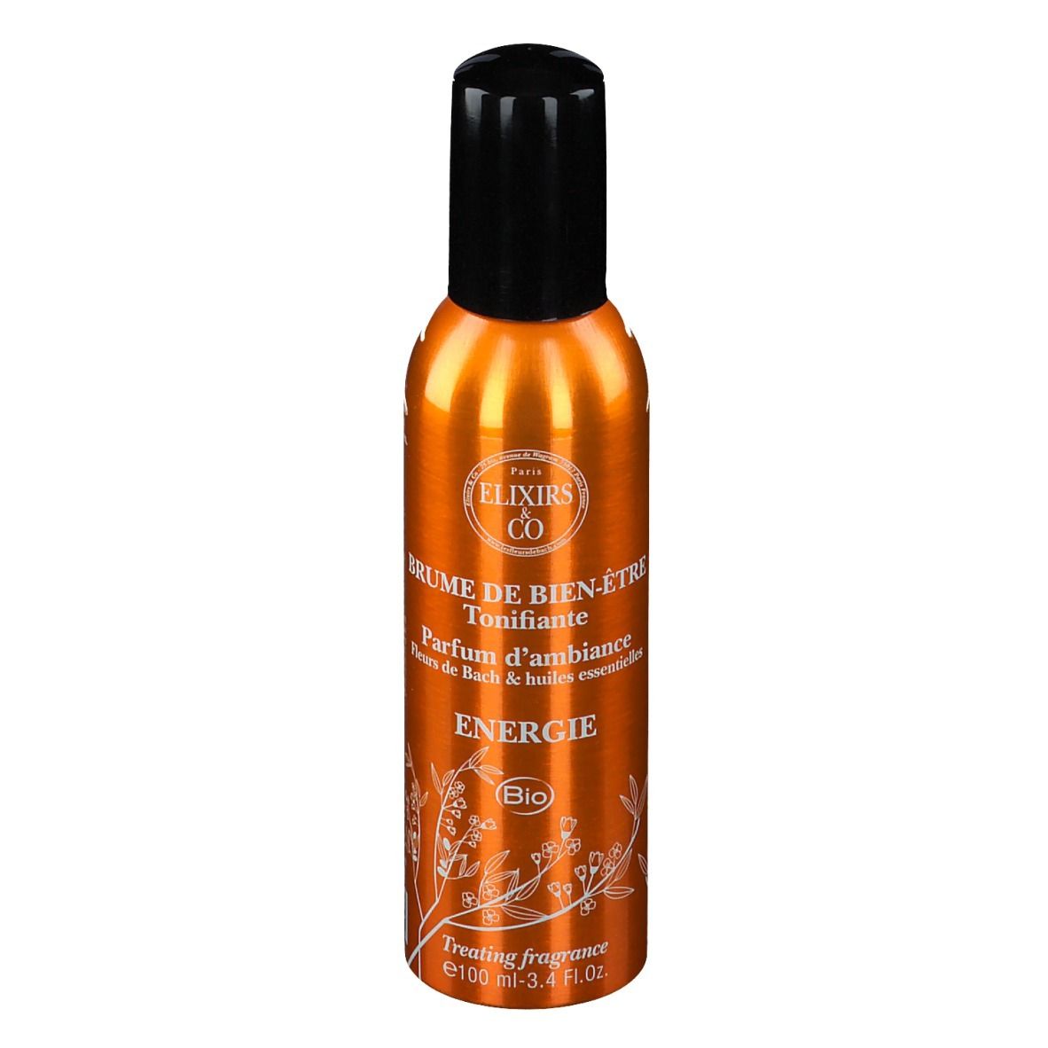 Flacon spray orange avec bouchon noir. Inscription: Brume de Bien-Être Énergie Bio. Décorations florales.