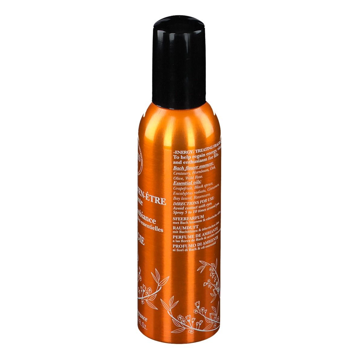 Flacon spray orange avec bouchon noir. Verso avec texte. Inscription: Brume de Bien-Être Énergie Bio.