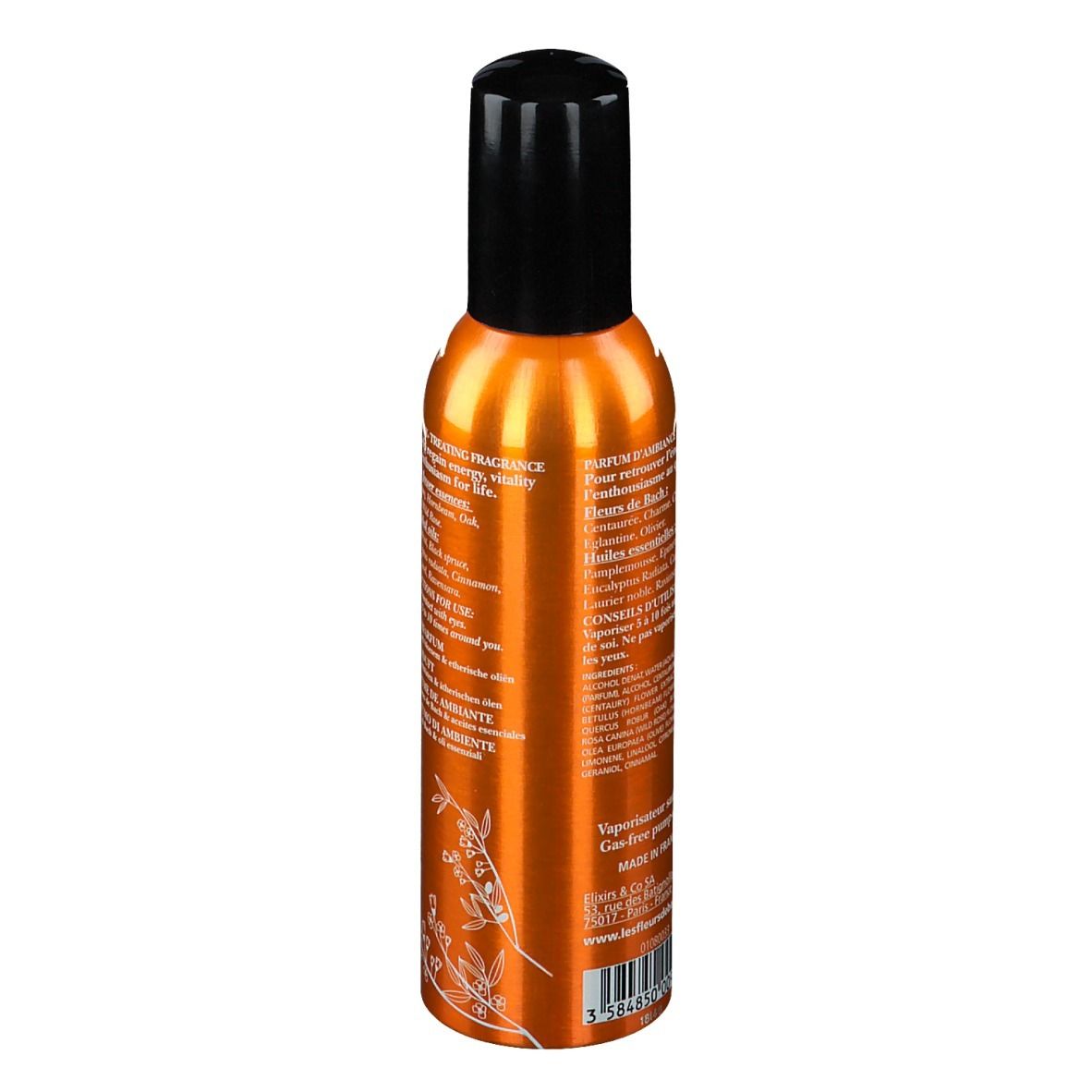 Flacon spray orange avec bouchon noir. Verso avec texte. Inscription: Brume de Bien-Être Énergie Bio.
