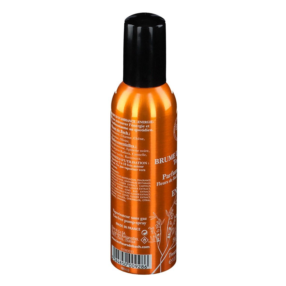 Flacon spray orange avec bouchon noir. Verso avec texte. Inscription: Brume de Bien-Être Énergie Bio.