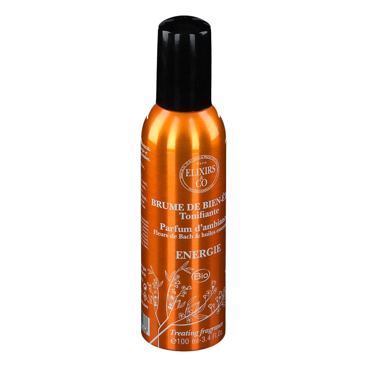 Flacon spray orange avec bouchon noir. Inscription: Brume de Bien-Être Énergie Bio. Décorations florales.