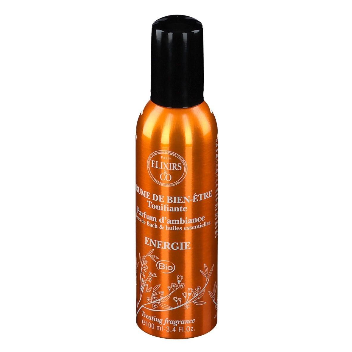 Flacon spray orange avec bouchon noir. Inscription: Brume de Bien-Être Énergie Bio. Décorations florales.