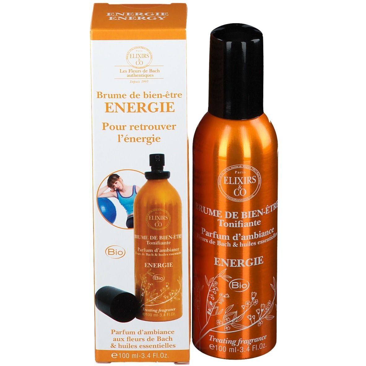 Produit et emballage. Flacon spray orange avec bouchon noir et carton. Inscription: Brume de Bien-Être Énergie.