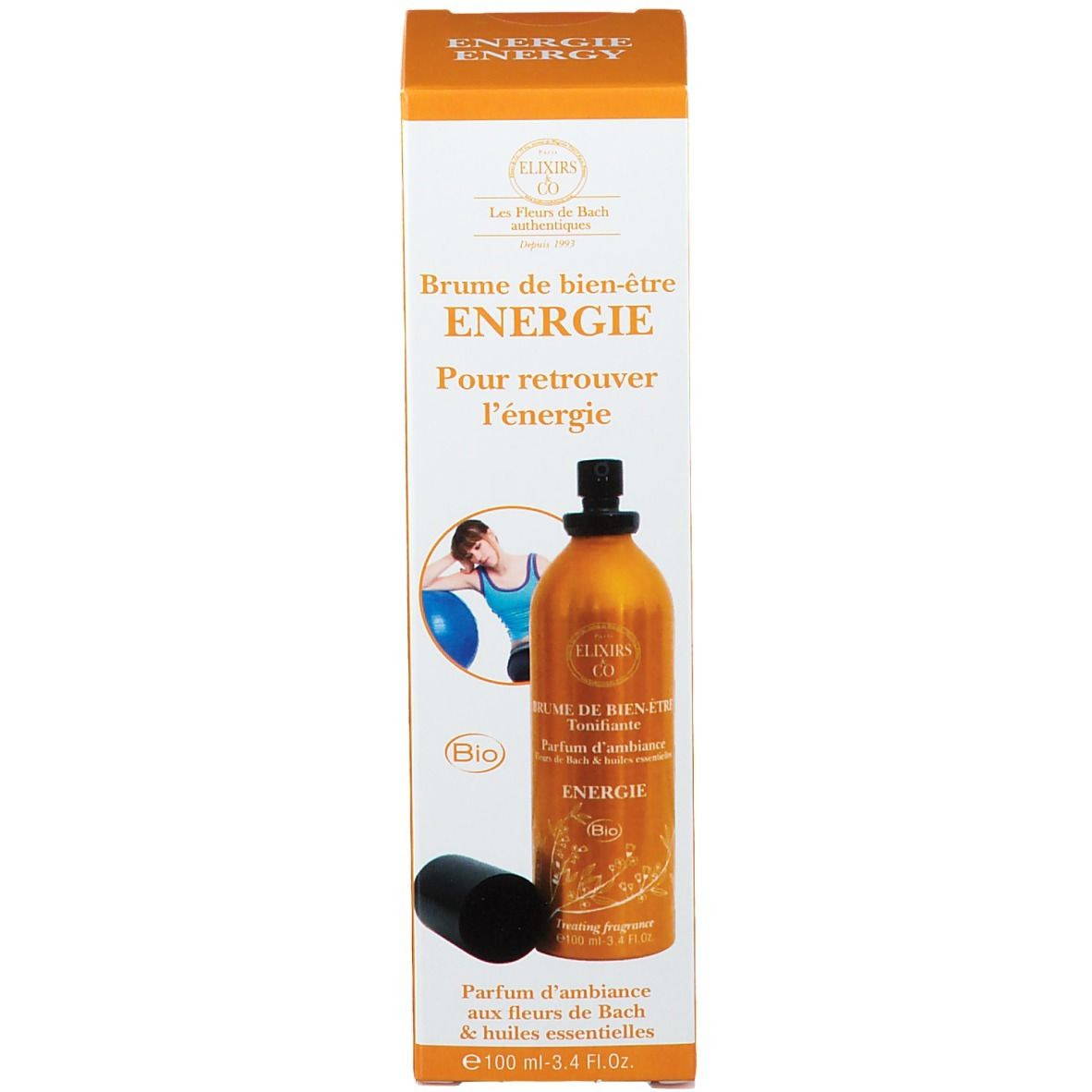 Produit et emballage. Flacon spray orange avec bouchon noir et carton. Inscription: Brume de Bien-Être Énergie.